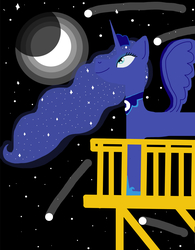 Size: 1491x1916 | Tagged: safe, artist:asiandra dash, princess luna, alicorn, pony, g4, balcony, black background, comet, crown, ethereal mane, eyeshadow, full moon, hoof shoes, jewelry, makeup, moon, necklace, night, regalia, shooting star, simple background, smiling, solo, spread wings, starry mane, starry sky, stars, wings