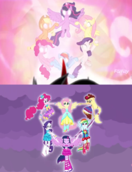 Size: 1088x1413 | Tagged: safe, screencap, applejack, fluttershy, pinkie pie, rainbow dash, rarity, twilight sparkle, alicorn, earth pony, pegasus, pony, unicorn, equestria girls, g4, my little pony equestria girls, season 9, the beginning of the end, boots, clothes, comparison, dress, end of ponies, fall formal outfits, female, history repeats itself, humane five, mane six, mare, shoes, the elements in action, together, twilight sparkle (alicorn)