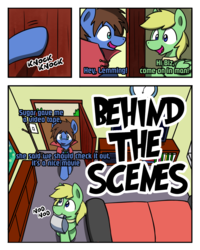 Size: 1024x1280 | Tagged: safe, artist:sugar morning, oc, oc only, oc:bizarre song, oc:lemming, pegasus, pony, comic:behind the scenes, cape, choker, clock, clothes, comic, couch, dialogue, door, furniture, house, indoors, knocking, knocking on door, messy mane, nodding, onomatopoeia, talking