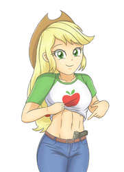 Size: 2479x3424 | Tagged: safe, artist:sumin6301, applejack, equestria girls, g4, my little pony equestria girls: better together, abs, applejack's hat, belly button, belt, clothes, cowboy hat, cute, denim, female, freckles, geode of super strength, glock, gun, handgun, hat, high res, jackabetes, jeans, lifting, looking at you, magical geodes, midriff, pants, pistol, shirt, shirt lift, simple background, smiling, solo, stetson, this will end in pain and/or tears and/or death, weapon, white background