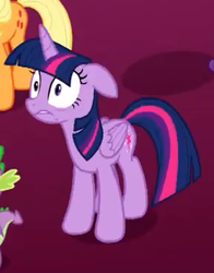 Size: 288x368 | Tagged: safe, screencap, applejack, spike, twilight sparkle, alicorn, dragon, pony, g4, season 9, the beginning of the end, cropped, female, mare, offscreen character, oh crap, shocked, shrunken pupils, twilight sparkle (alicorn), winged spike, wings