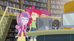 Size: 1280x720 | Tagged: safe, edit, edited screencap, screencap, sound edit, apple bloom, scootaloo, sweetie belle, equestria girls, g4, my little pony equestria girls, adorabloom, animated, apple bloom's bow, bow, canterlot high, computer, cute, cutealoo, cutie mark crusaders, dancing, diasweetes, female, hair bow, library, monitor, music, sound, speaker, trio, trio female, webm