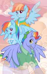Size: 1242x1920 | Tagged: safe, artist:nytewell, bow hothoof, rainbow dash, windy whistles, pegasus, pony, g4, cloud, cute, eye clipping through hair, family photo, father and daughter, female, male, mare, mother and daughter, smiling, spread wings, stallion, trio, wing fluff, wings