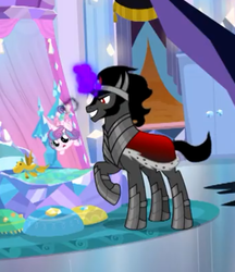 Size: 347x401 | Tagged: safe, screencap, king sombra, princess flurry heart, alicorn, pony, unicorn, g4, season 9, the beginning of the end, baby, baby pony, back, cropped, dark magic, duo, evil smile, female, filly, foal, foalnapping, glowing horn, grin, horn, how, impossible, kidnapped, magic, male, pure evil, raised hoof, smiling, stallion, telekinesis, toy, why