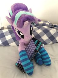 Size: 768x1024 | Tagged: safe, artist:nekokevin, starlight glimmer, pony, unicorn, series:nekokevin's glimmy, g4, bed, bedsheets, clothes, female, holding, irl, keyboard, mare, photo, pillow, plushie, sitting, socks, solo, striped socks