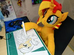 Size: 1024x768 | Tagged: safe, artist:canvymamamoo, artist:nekokevin, sunset shimmer, oc, oc:poniko, pony, unicorn, chair, computer mouse, desk, drawing, female, irl, lineart, mare, pen, photo, plushie, raised hoof, smiling, solo, traditional art