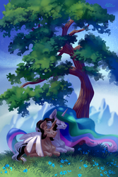 Size: 1378x2067 | Tagged: safe, artist:holivi, princess celestia, oc, oc:blade trail, alicorn, pony, unicorn, g4, canon x oc, commission, eyes closed, female, flower, male, shipping, smiling, straight, tree