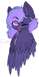 Size: 2852x5608 | Tagged: safe, artist:drawtheuniverse, oc, oc only, oc:gekko, pony, bust, cute, cute little fangs, ear fluff, eye clipping through hair, fangs, fluffy mane, freckles, solo, tongue out, wings