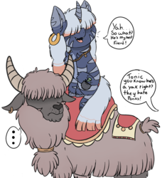 Size: 3930x4316 | Tagged: safe, artist:drawtheuniverse, oc, oc:toxictonic, pony, yak, cute, ear piercing, earring, friendship, hair over eyes, heartwarming, jewelry, piercing, saddle, tack