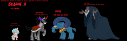 Size: 11136x3648 | Tagged: safe, artist:trajanthegreat, cozy glow, grogar, king sombra, lord tirek, pegasus, pony, unicorn, g1, g4, season 9, leak, black background, cape, cloak, clothes, cloven hooves, curved horn, female, filly, foal, g1 to g4, generation leap, hoof shoes, horn, male, nose piercing, nose ring, piercing, ram, septum piercing, simple background, stallion