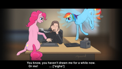 Size: 2560x1440 | Tagged: safe, artist:arareroll, pinkie pie, rainbow dash, earth pony, human, pegasus, pony, g4, brony, cigar, dialogue, eyes closed, female, flying, human male, male, mare, open mouth, sitting, smoking, tablet