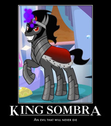 Size: 576x651 | Tagged: safe, edit, edited screencap, screencap, king sombra, pony, unicorn, g4, the beginning of the end, cropped, dark magic, evil grin, fangs, grin, magic, male, meme, motivational poster, raised hoof, smiling, solo, sombra eyes, stallion