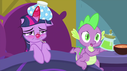 Size: 1280x720 | Tagged: safe, screencap, spike, twilight sparkle, alicorn, dragon, pony, ail-icorn, g4, interseason shorts, backwards thermometer, bed, blushing, claws, duo, female, food, horn, ice pack, male, mare, red nosed, sick, soup, swollen horn, thermometer, twilight sparkle (alicorn), winged spike, wings