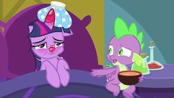 Size: 1280x720 | Tagged: safe, screencap, spike, twilight sparkle, alicorn, dragon, pony, ail-icorn, g4, spoiler:interseason shorts, backwards thermometer, bed, blushing, claws, food, horn, red nosed, sick, sicklight sparkle, soup, swollen horn, thermometer, twilight sparkle (alicorn), winged spike, wings
