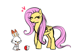 Size: 1280x890 | Tagged: safe, artist:neophyte-redglare, angel bunny, fluttershy, pegasus, pony, scorbunny, g4, crossover, duo, female, heart, mare, pokemon generation 8, pokemon sword and shield, poké ball, pokémon, simple background, spoilers for another series, white background