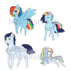 Size: 888x888 | Tagged: safe, artist:malinraf1615, rainbow dash, soarin', oc, oc:maxillian, oc:rainbow pastel, pony, g4, chest fluff, colt, family, female, filly, heterochromia, male, missing cutie mark, no pupils, obtrusive watermark, offspring, parent:rainbow dash, parent:soarin', parents:soarindash, rainbow hair, ship:soarindash, shipping, simple background, spread wings, straight, transparent background, watermark, wings