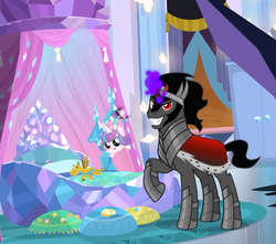Size: 812x718 | Tagged: safe, screencap, king sombra, princess flurry heart, alicorn, pony, unicorn, g4, the beginning of the end, bed, bedroom, cropped, dark magic, duo, evil smile, fangs, female, filly, foal, frown, grin, how, impossible, levitation, magic, male, open mouth, plushie, raised hoof, smiling, smirk, stallion, teaser, telekinesis, this will end in tears, why, wide eyes