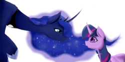 Size: 1366x685 | Tagged: safe, artist:saphi-boo, princess luna, twilight sparkle, alicorn, pony, g4, curved horn, duo, ethereal mane, female, horn, jewelry, long neck, looking at each other, mare, princess luneck, raised hoof, regalia, simple background, size difference, smiling, starry mane, transparent background, twilight sparkle (alicorn)