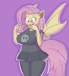 Size: 903x999 | Tagged: safe, artist:funble, fluttershy, bat pony, anthro, g4, 40 weeks flutterbat, bat ponified, big breasts, breasts, busty fluttershy, clothes, cute, female, flutterbat, miniskirt, pregnancy test, pregnant, purple background, race swap, simple background, skirt, socks, solo, spread wings, stockings, thigh highs, wings