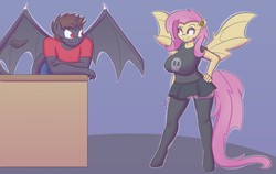 Size: 1280x810 | Tagged: safe, artist:funble, fluttershy, oc, oc:shale, bat pony, anthro, unguligrade anthro, g4, 40 weeks flutterbat, abstract background, anthro oc, bat ponified, big breasts, breasts, busty fluttershy, canon x oc, clothes, cute, female, flutterbat, hand on hip, huge breasts, male, miniskirt, pregnancy test, pregnant, race swap, shipping, skirt, socks, spread wings, stockings, straight, thigh highs, wings