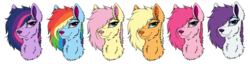 Size: 4000x1025 | Tagged: safe, artist:saphi-boo, applejack, fluttershy, pinkie pie, rainbow dash, rarity, twilight sparkle, dog, g4, bust, dogified, female, fluffy, hair over one eye, lidded eyes, looking at you, mane six, palette swap, recolor, simple background, smiling, species swap, transparent background