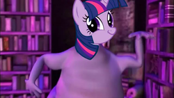 Size: 1920x1080 | Tagged: safe, twilight sparkle, g4, book, bookshelf, cursed image, dancing, faic, fusion, globglogabgalab, meme face, music video, smirk, strawinsky and the mysterious house, that pony sure does love books, twiface, wat, what has science done