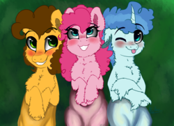 Size: 2146x1555 | Tagged: safe, artist:saphi-boo, cheese sandwich, party favor, pinkie pie, earth pony, pony, unicorn, g4, bisexual, blushing, cheesefavor, crossed hooves, eyebrows, eyebrows visible through hair, female, floppy ears, fluffy, gay, male, mare, on back, one eye closed, ot3, party trio, partycheesepie, pinkie pie gets all the stallions, polyamory, ship:cheesepie, ship:partypie, shipping, smiling, stallion, straight, tongue out, wink