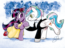 Size: 2840x2112 | Tagged: safe, artist:andy price, artist:koolfrood, twilight sparkle, oc, oc:ian denney, alicorn, pony, g4, alicorn oc, bowtie, clothes, colored sketch, crossover, dress, female, high res, male, mare, shipping, stallion, tuxedo, twilight sparkle (alicorn)