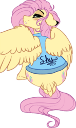 Size: 484x816 | Tagged: safe, artist:saphi-boo, edit, fluttershy, pegasus, pony, g4, bedroom eyes, blushing, both cutie marks, clothes, cropped, dock, female, floppy ears, lip bite, looking at you, mare, one wing out, rear view, shirt, simple background, sitting, solo, tail feathers, transparent background