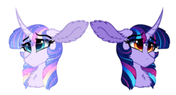 Size: 823x444 | Tagged: safe, alternate version, artist:saphi-boo, twilight sparkle, pony, g4, alternate color palette, alternate eye color, alternative cutie mark placement, big ears, bust, chest fluff, curved horn, dawn, duality, dusk, ear fluff, ethereal mane, eye clipping through hair, female, floppy ears, horn, impossibly large ears, older, pouting, sad, simple background, solo, starry mane, transparent background
