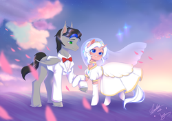 Size: 3508x2480 | Tagged: safe, artist:夏米, oc, oc:terry longmore, oc:夏米, bat pony, pony, unicorn, bat pony oc, bride, clothes, couple, dress, female, groom, high res, holding hooves, male, mare, marriage, stallion, suit, wedding, wedding dress