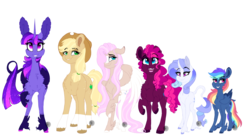 Size: 4167x2334 | Tagged: safe, alternate version, artist:saphi-boo, applejack, fluttershy, pinkie pie, rainbow dash, rarity, twilight sparkle, alicorn, classical unicorn, earth pony, pegasus, pony, unicorn, alternate color palette, alternate cutie mark, alternate design, alternate universe, big ears, blaze (coat marking), cloven hooves, coat markings, facial markings, female, floppy ears, grin, hair over one eye, impossibly large ears, leonine tail, line-up, looking at you, mane six, mare, open mouth, raised hoof, simple background, size chart, size comparison, size difference, smiling, socks (coat markings), transparent background, twilight sparkle (alicorn), unshorn fetlocks