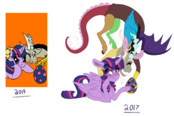 Size: 3000x2000 | Tagged: safe, artist:saphi-boo, discord, twilight sparkle, alicorn, draconequus, hybrid, pony, g4, blushing, curved horn, egg, eye clipping through hair, eyes closed, female, floppy ears, flying, grin, high res, horn, interspecies offspring, male, mare, offspring, parent:discord, parent:twilight sparkle, parents:discolight, redraw, ship:discolight, shipping, simple background, smiling, straight, transparent background, twilight sparkle (alicorn), twilight sparkle is not amused, unamused