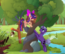 Size: 3190x2655 | Tagged: safe, artist:darkjillmlp123, oc, oc only, oc:sweet hearts, pony, unicorn, bird house, bow, female, forest, hair bow, high res, intertwined trees, male, mare, river, rock, stallion, stream, tree