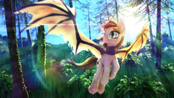 Size: 3840x2160 | Tagged: safe, artist:etherium-apex, oc, oc only, oc:silver veil, bat pony, pony, 3d, crepuscular rays, female, flying, forest, high res, lens flare, mare, solo, tree