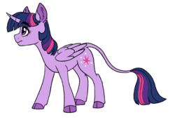 Size: 690x481 | Tagged: safe, artist:saphi-boo, twilight sparkle, alicorn, pony, g4, cloven hooves, cutie mark, ear fluff, eyebrows, eyebrows visible through hair, female, horn, leonine tail, lowres, mare, simple background, solo, standing, transparent background, twilight sparkle (alicorn), wings