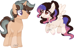 Size: 1024x664 | Tagged: dead source, safe, artist:moon-rose-rosie, oc, oc only, pegasus, pony, unicorn, duo, female, male, mare, simple background, stallion, transparent background