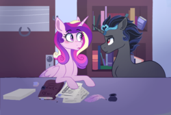 Size: 1046x701 | Tagged: safe, artist:saphi-boo, king sombra, princess cadance, alicorn, pony, unicorn, g4, blushing, book, bookshelf, crown, eyebrows, eyebrows visible through hair, female, good king sombra, horn, horn jewelry, infidelity, inkwell, jewelry, library, lidded eyes, looking at each other, male, mare, open mouth, quill, regalia, ship:somdance, shipping, stallion, straight