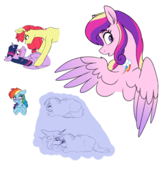Size: 2249x2292 | Tagged: safe, artist:saphi-boo, apple bloom, princess cadance, rainbow dash, twilight sparkle, alicorn, earth pony, pegasus, pony, soul bond au, g4, alternative cutie mark placement, bedroom eyes, biting, blushing, cadash, eyebrows, eyebrows visible through hair, female, floppy ears, high res, infidelity, lesbian, looking over shoulder, love bite, mare, older, ship:twibloom, shipping, simple background, soulmate marks, transparent background, twilight sparkle (alicorn)