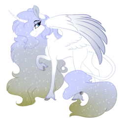 Size: 1111x1120 | Tagged: safe, artist:saphi-boo, oc, oc only, oc:queen vitality, alicorn, classical unicorn, pony, alicorn oc, big ears, blank flank, cloven hooves, commission, curved horn, ethereal mane, eye clipping through hair, female, horn, leonine tail, long hair, mare, raised hoof, royalty, simple background, smiling, solo, spread wings, starry mane, transparent background, unshorn fetlocks, wings