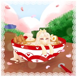 Size: 4096x4096 | Tagged: safe, artist:taligintou, oc, oc only, pony, absurd resolution, border, bowl, cherry blossoms, chopsticks, cute, eyelashes, female, flower, flower blossom, food, lace, looking at you, mare, micro, noodles, ramen, ramen pony, table, watermark