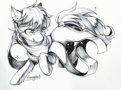 Size: 1280x951 | Tagged: safe, artist:swaybat, oc, oc only, earth pony, pony, clothes, ear fluff, eye clipping through hair, eyebrows, eyebrows visible through hair, leg fluff, male, partial color, scarf, signature, simple background, sketch, solo, stallion, white background