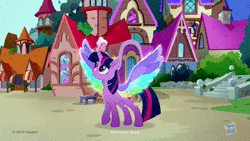 Size: 1280x720 | Tagged: safe, screencap, twilight sparkle, alicorn, pony, g4, my little pony: rainbow roadtrip, animated, colored wings, female, mare, movie accurate, multicolored wings, my little pony logo, no sound, rainbow wings, solo, spread wings, twilight sparkle (alicorn), webm, wing bling, wings