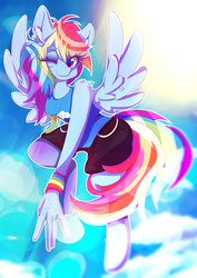Size: 1358x1920 | Tagged: safe, artist:rariedash, rainbow dash, pegasus, anthro, unguligrade anthro, g4, clothes, color porn, female, flying, mare, one eye closed, sky background, solo, wink