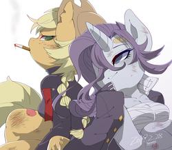 Size: 1720x1500 | Tagged: safe, artist:potetecyu_to, applejack, rarity, earth pony, unicorn, anthro, semi-anthro, g4, applejack's hat, arm hooves, bandaid, breasts, chestbreasts, cigarette, clothes, cowboy hat, cute, delinquent, female, gakuran, hat, jackabetes, lesbian, raribetes, ship:rarijack, shipping, simple background, smoking, white background