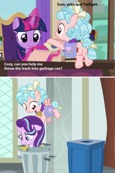 Size: 968x1448 | Tagged: safe, edit, edited screencap, screencap, cozy glow, starlight glimmer, twilight sparkle, alicorn, pegasus, pony, unicorn, g4, school raze, abuse, abuse edit, background pony strikes again, butt, cozy glutes, downvote bait, evil, female, filly, glimmerbuse, hater, op failed at starting shit, op has an opinion, op is a duck, op is trying to start shit, op isn't even trying anymore, plot, trash can, twilight sparkle (alicorn)