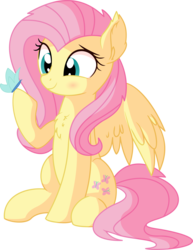 Size: 5646x7327 | Tagged: safe, artist:cyanlightning, fluttershy, butterfly, pegasus, pony, g4, .svg available, absurd resolution, blushing, chest fluff, cute, ear fluff, female, looking at something, mare, shyabetes, simple background, sitting, smiling, solo, spread wings, transparent background, vector, wings