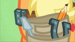 Size: 1669x940 | Tagged: safe, screencap, applejack, earth pony, pony, applejack's "day" off, g4, female, green background, horseshoes, mare, pencil, screwdriver, simple background, solo, toolbelt