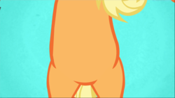 Size: 1668x940 | Tagged: safe, screencap, applejack, earth pony, pony, applejack's "day" off, belly, bipedal, blue background, close-up, female, hind legs, mare, out of context, pictures of bellies, simple background, solo