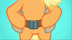 Size: 1668x940 | Tagged: safe, screencap, applejack, earth pony, pony, applejack's "day" off, g4, belly, bipedal, blue background, featureless crotch, female, mare, simple background, solo, toolbelt